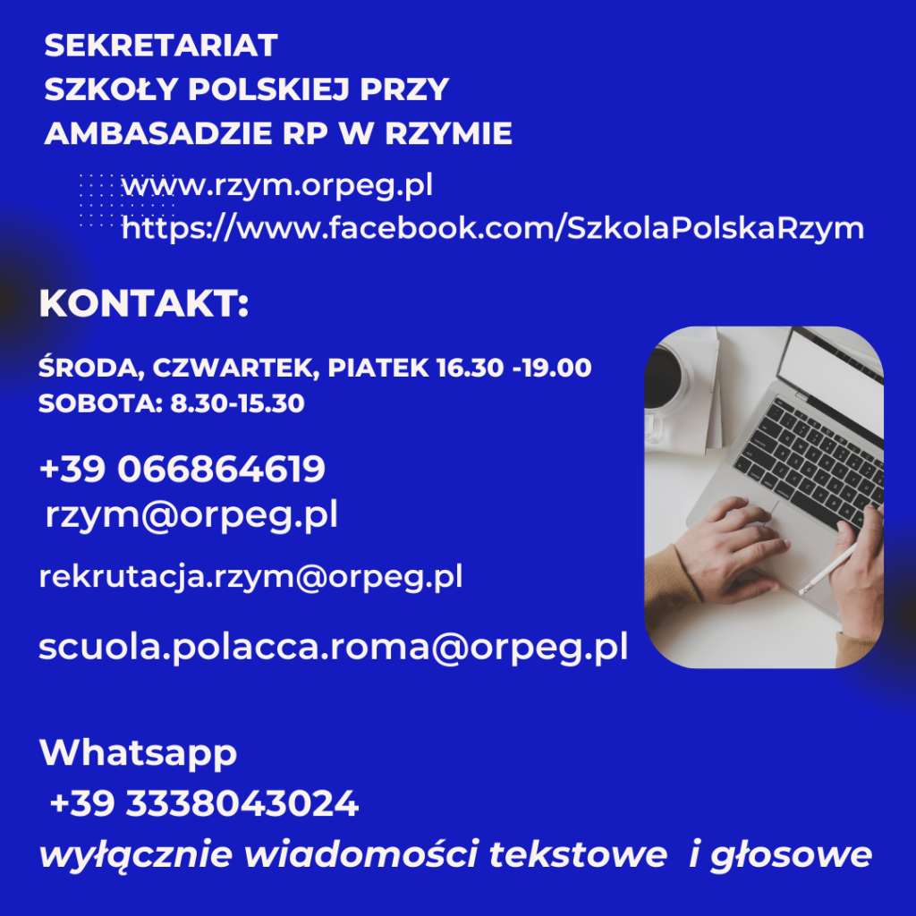 Dni i godziny pracy sekretariatu Szkoły Polskiej w Rzymie