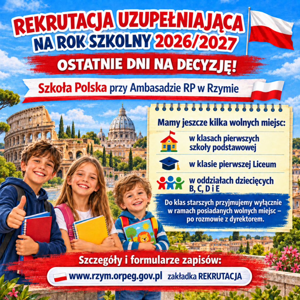 Rekrutacja uzupełniająca – ostatnie dni na zapis do Szkoły Polskiej w Rzymie